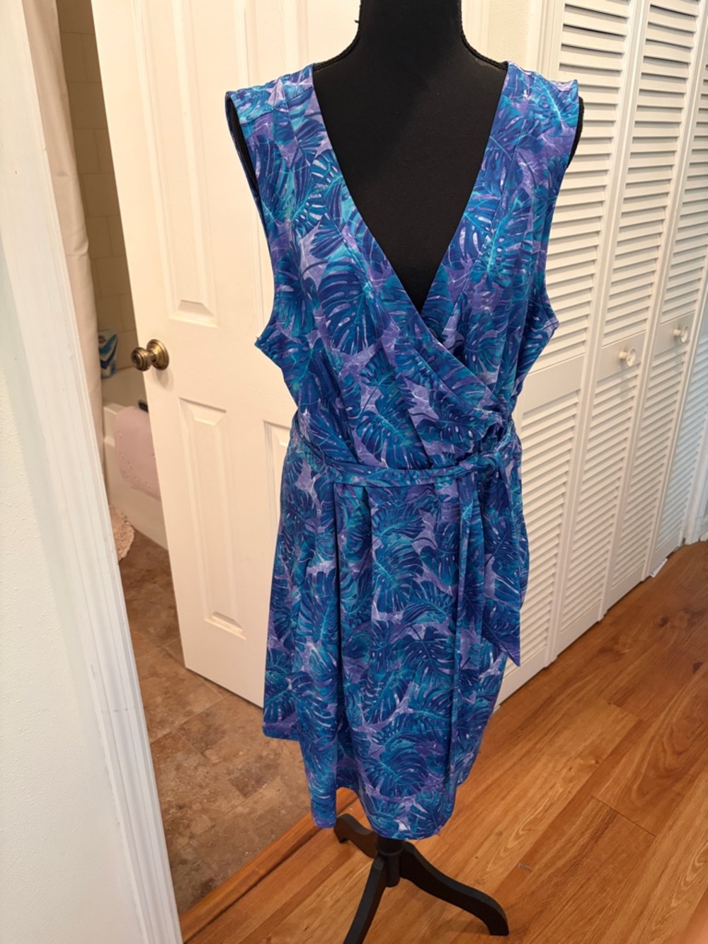 Reel Legends Keep-It-Cool Blue Tropical Print Wrap Dress